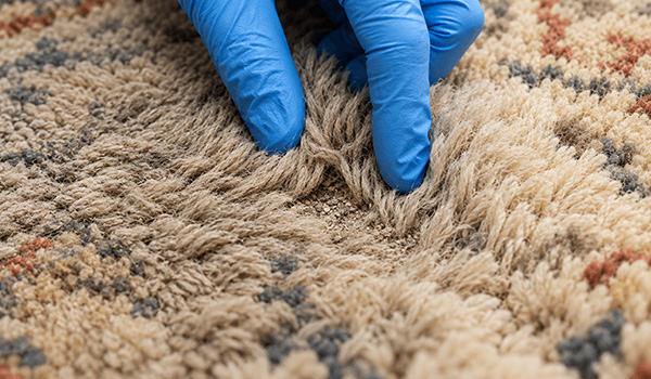 A close-up inspection reveals embedded grit and a matted pile in the deep wool rug