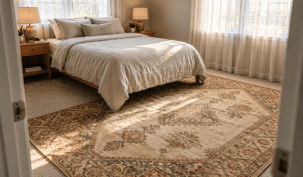 Wool rug in a low-traffic guest bedroom: pristine fibers and light surface dust