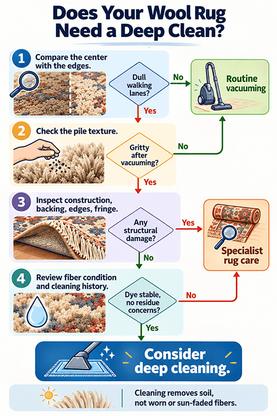 How a technician decides between deep cleaning and routine vacuuming for a wool rug
